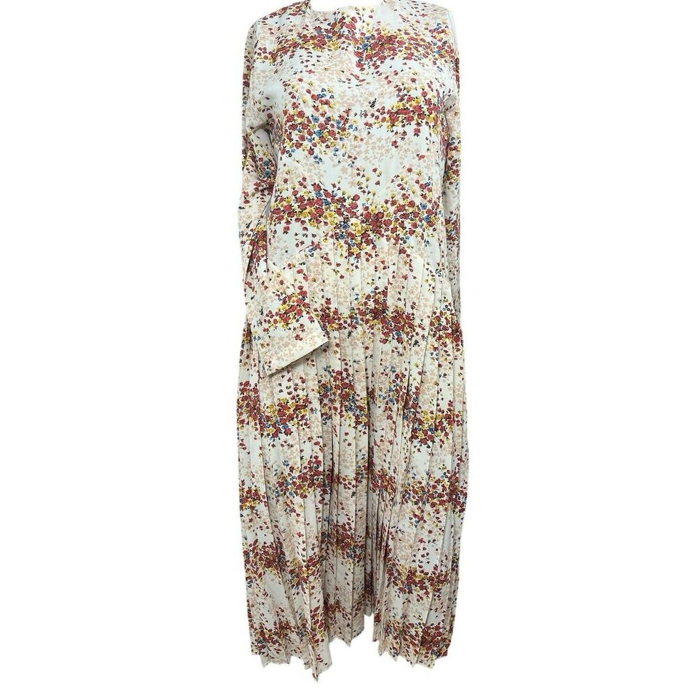 MDRN Balfour Pleated Floral Dress Long Sleeve Drop Waist Tea Length Roses Small - Picture 8 of 10